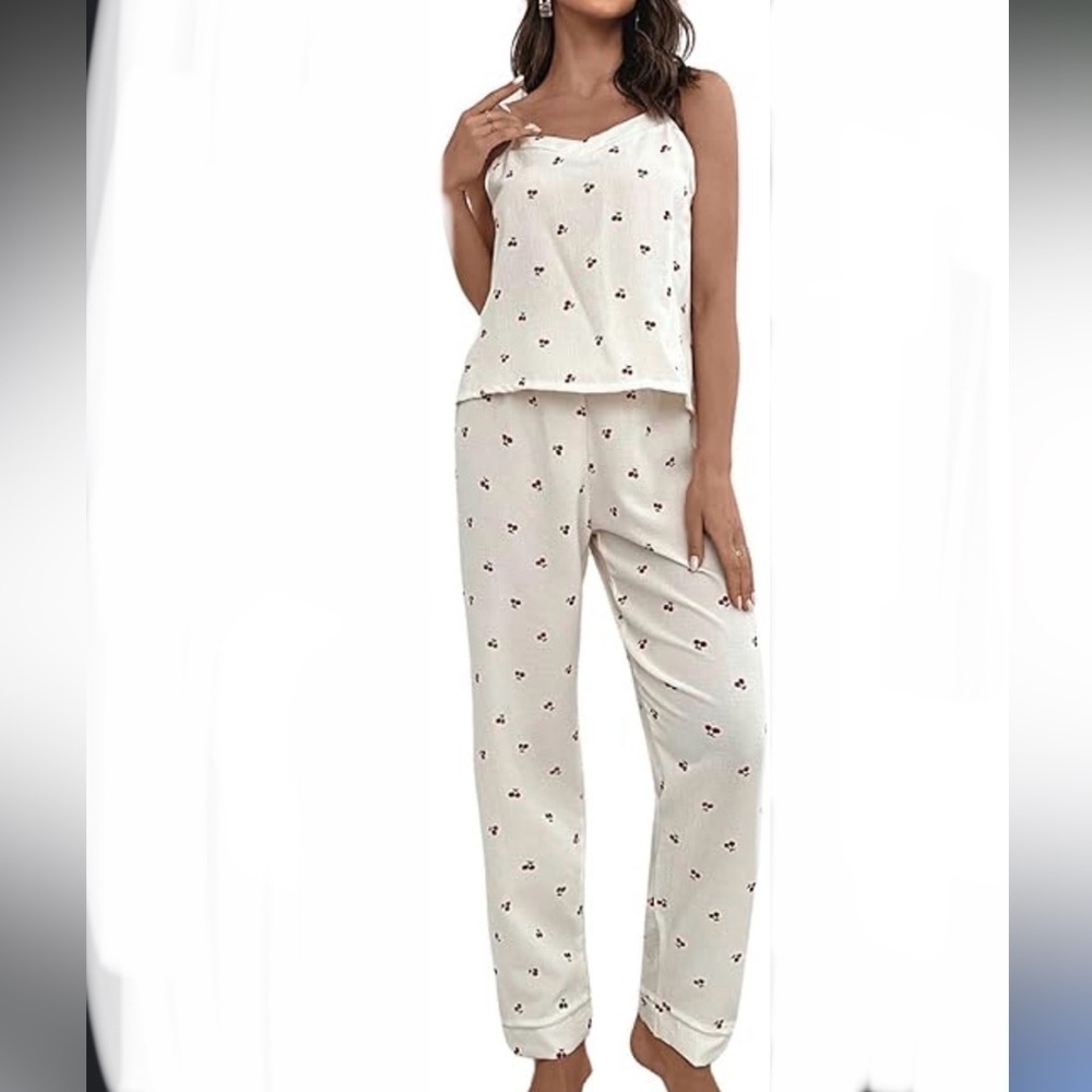 Women's Cream W/ “Cherries” 2 Piece Camisole V-Neck Pajama Lounge Set XL
